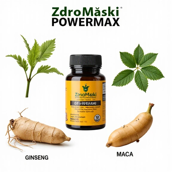 Ilustracja przedstawiająca kluczowe składniki Zdromoski PowerMax: buzdyganek, żeń-szeń, maca.